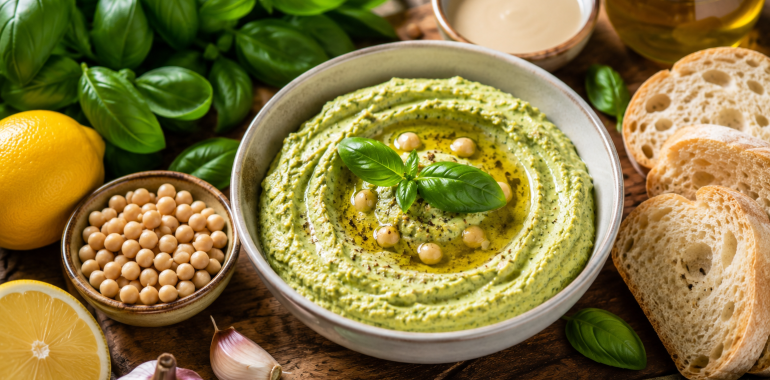 Bazilikin humus z limono: aromatična moč sredozemskih zelišč v kremastem namazu