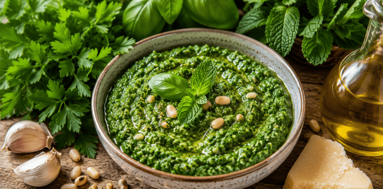 Poletni zeliščni pesto iz peteršilja, bazilike in mete
