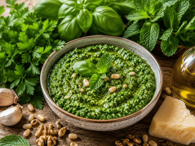 Poletni zeliščni pesto iz peteršilja, bazilike in mete
